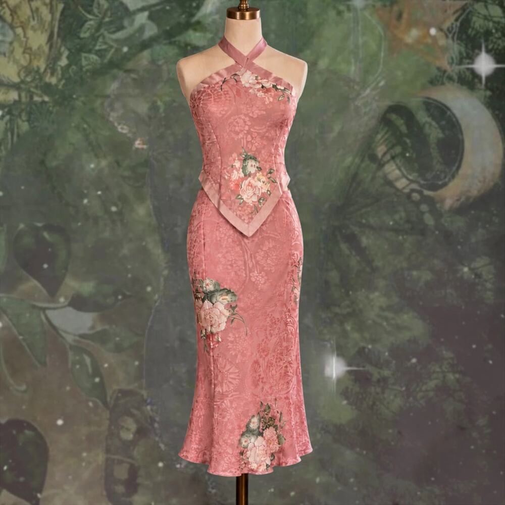 Aris A Pink Silk Burnout Floral Two Piece Halter Skirt Set Beaded Y2K